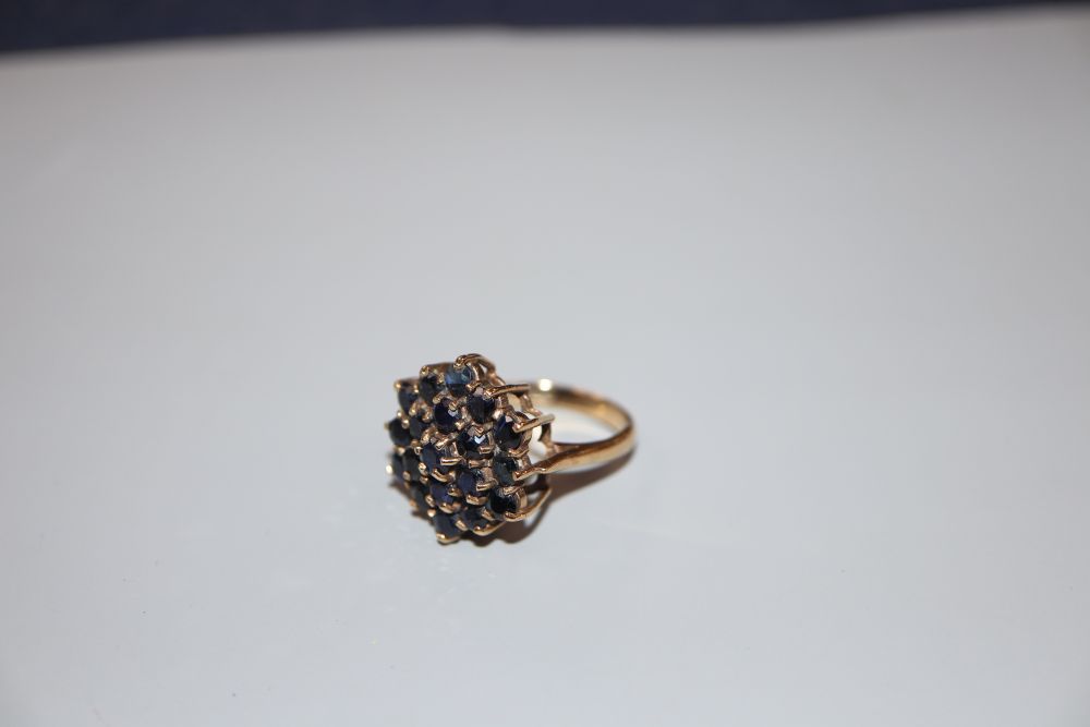 A modern 9ct gold and sapphire cluster dress ring, size M, gross 5.2 grams.